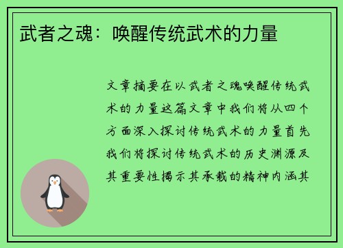 武者之魂:唤醒传统武术的力量