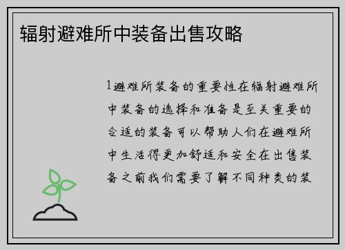 辐射避难所中装备出售攻略