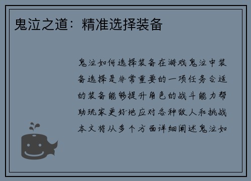 鬼泣之道：精准选择装备